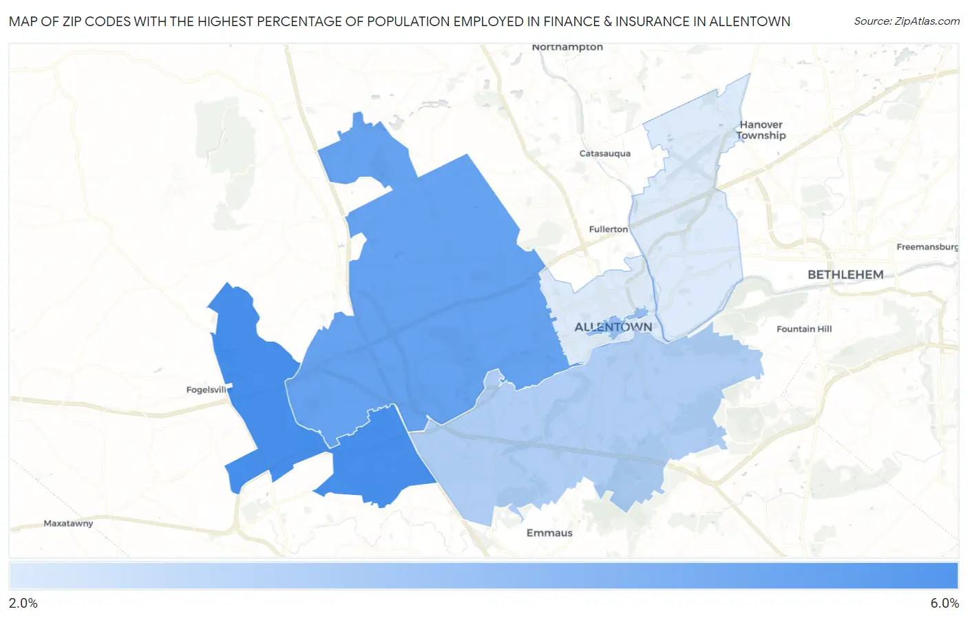 Zip Codes with the Highest Percentage of Population Employed in Finance & Insurance in Allentown Map