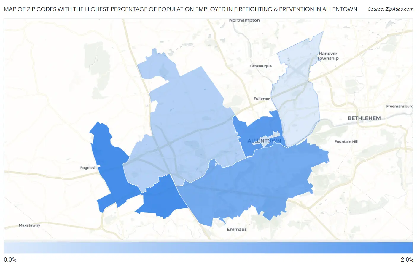 Zip Codes with the Highest Percentage of Population Employed in Firefighting & Prevention in Allentown Map