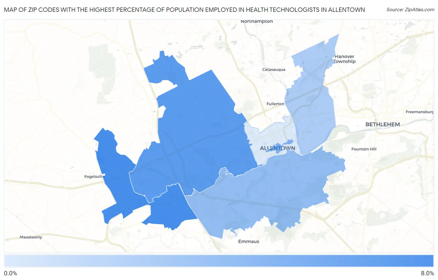 Zip Codes with the Highest Percentage of Population Employed in Health Technologists in Allentown Map