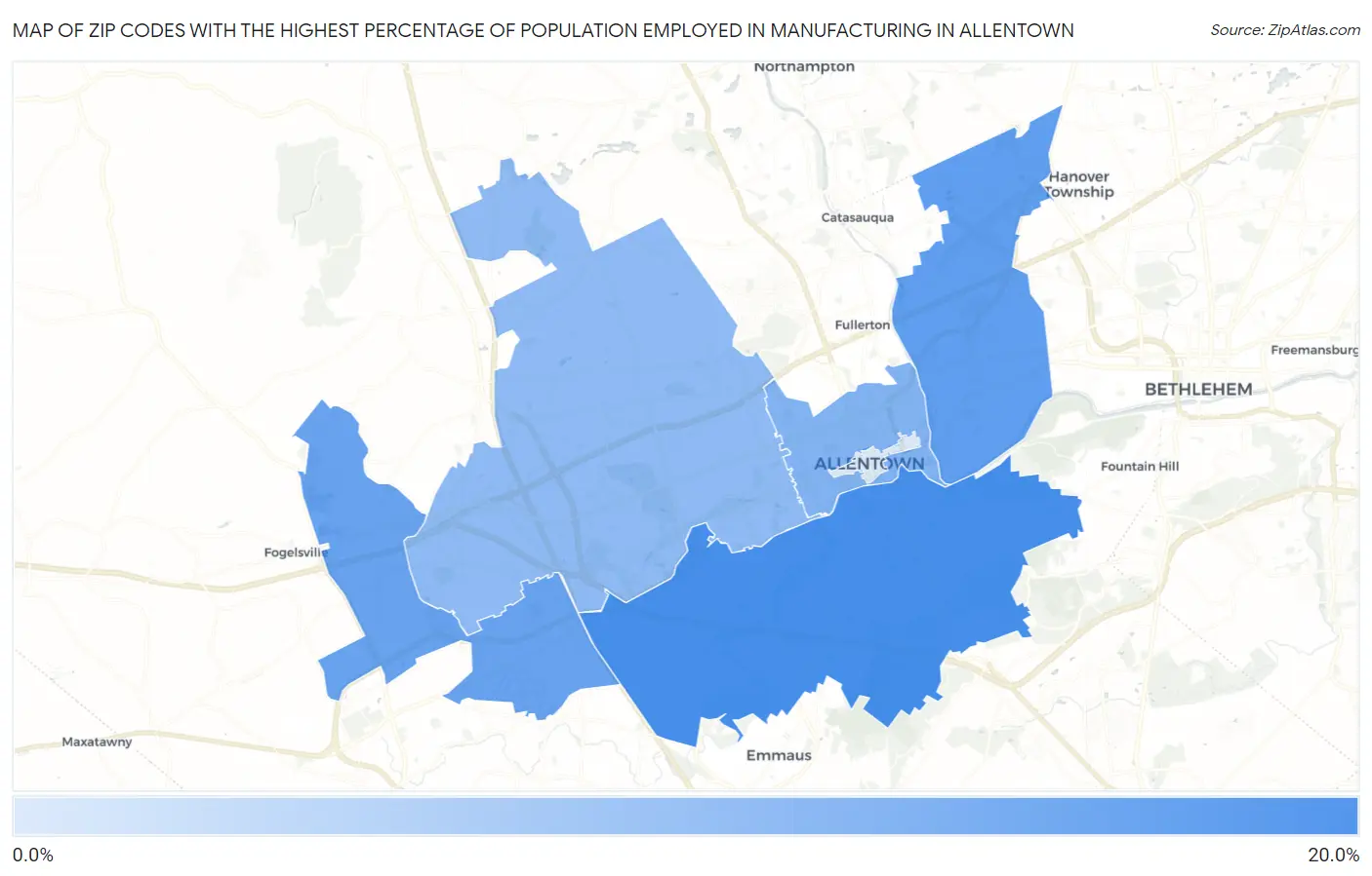 Zip Codes with the Highest Percentage of Population Employed in Manufacturing in Allentown Map