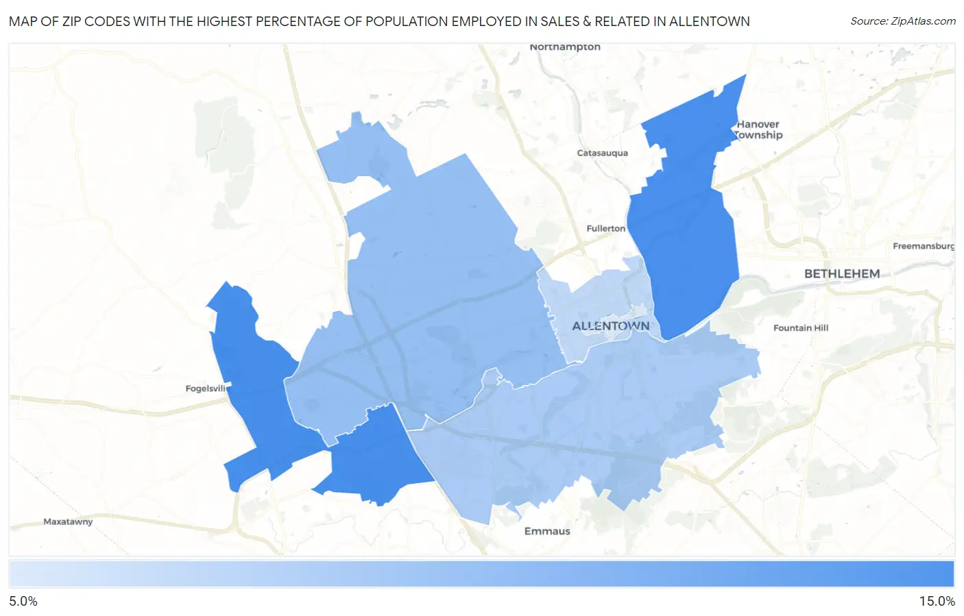 Zip Codes with the Highest Percentage of Population Employed in Sales & Related in Allentown Map