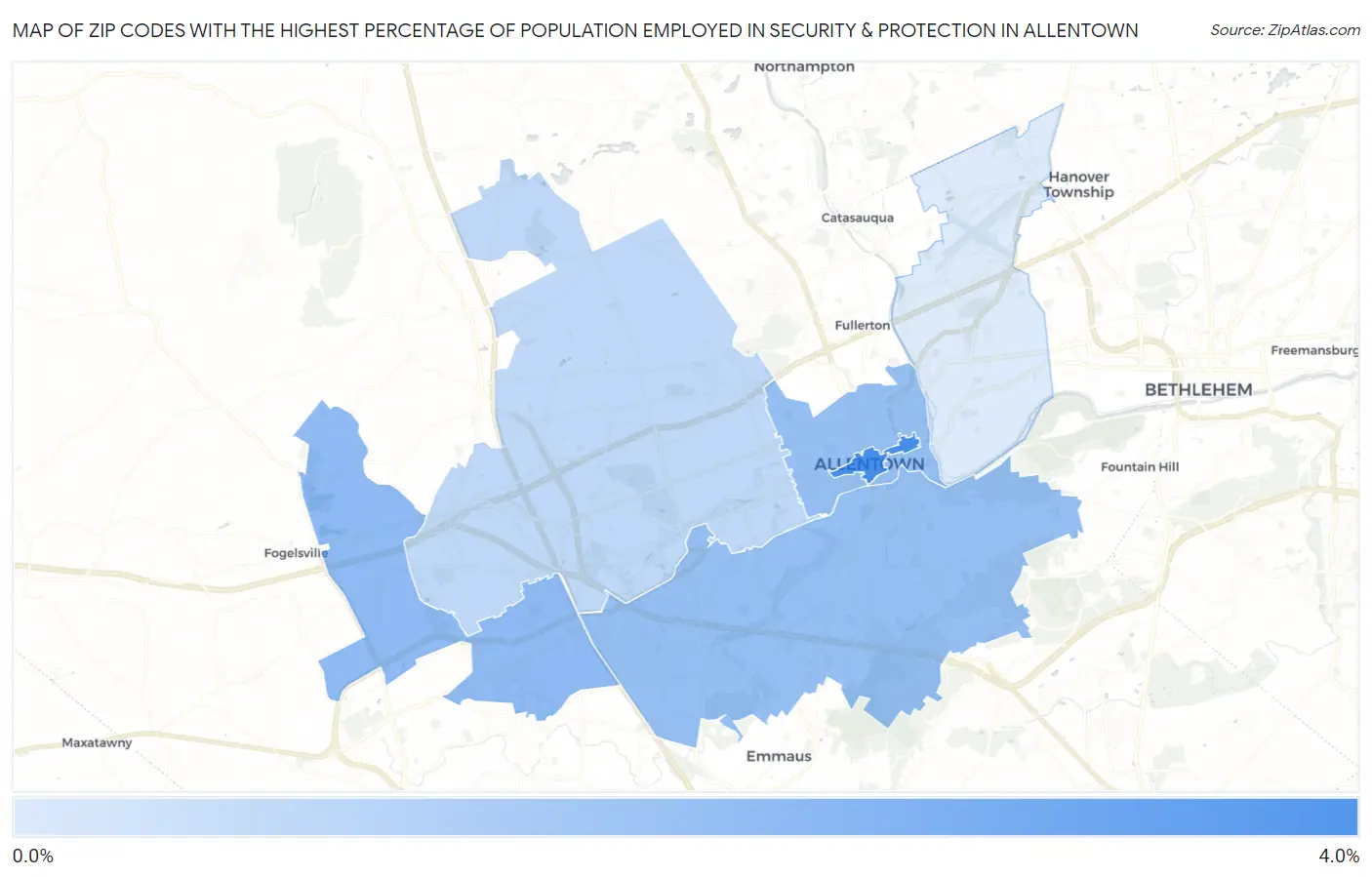 Zip Codes with the Highest Percentage of Population Employed in Security & Protection in Allentown Map