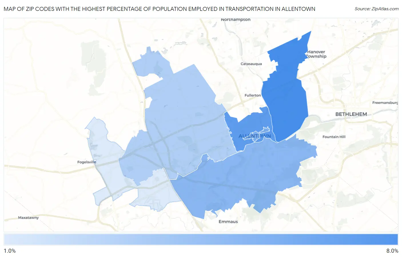 Zip Codes with the Highest Percentage of Population Employed in Transportation in Allentown Map