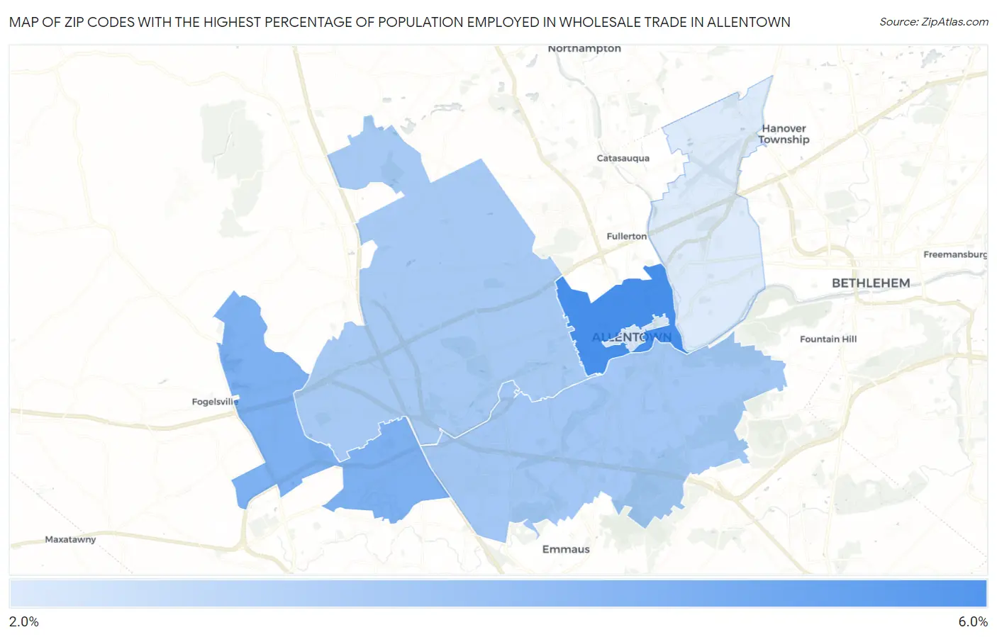 Zip Codes with the Highest Percentage of Population Employed in Wholesale Trade in Allentown Map