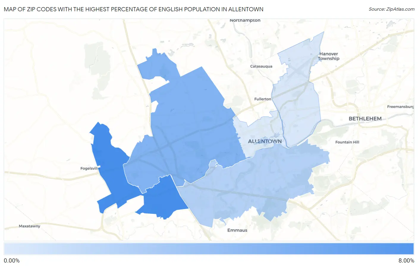 Zip Codes with the Highest Percentage of English Population in Allentown Map