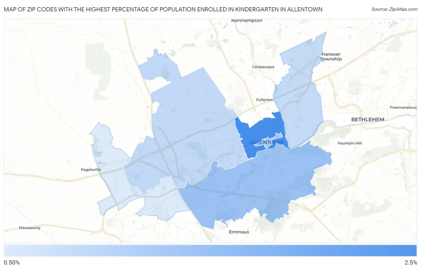 Zip Codes with the Highest Percentage of Population Enrolled in Kindergarten in Allentown Map