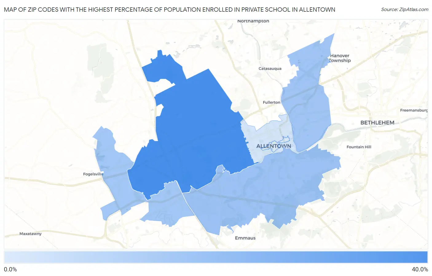 Zip Codes with the Highest Percentage of Population Enrolled in Private School in Allentown Map