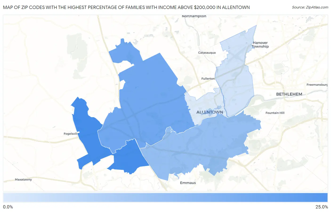 Zip Codes with the Highest Percentage of Families with Income Above $200,000 in Allentown Map