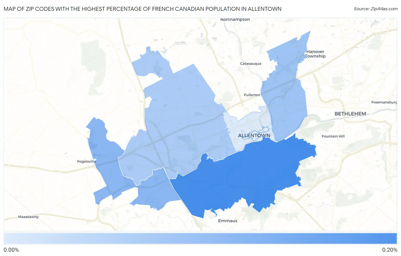 Zip Codes with the Highest Percentage of French Canadian Population in Allentown Map