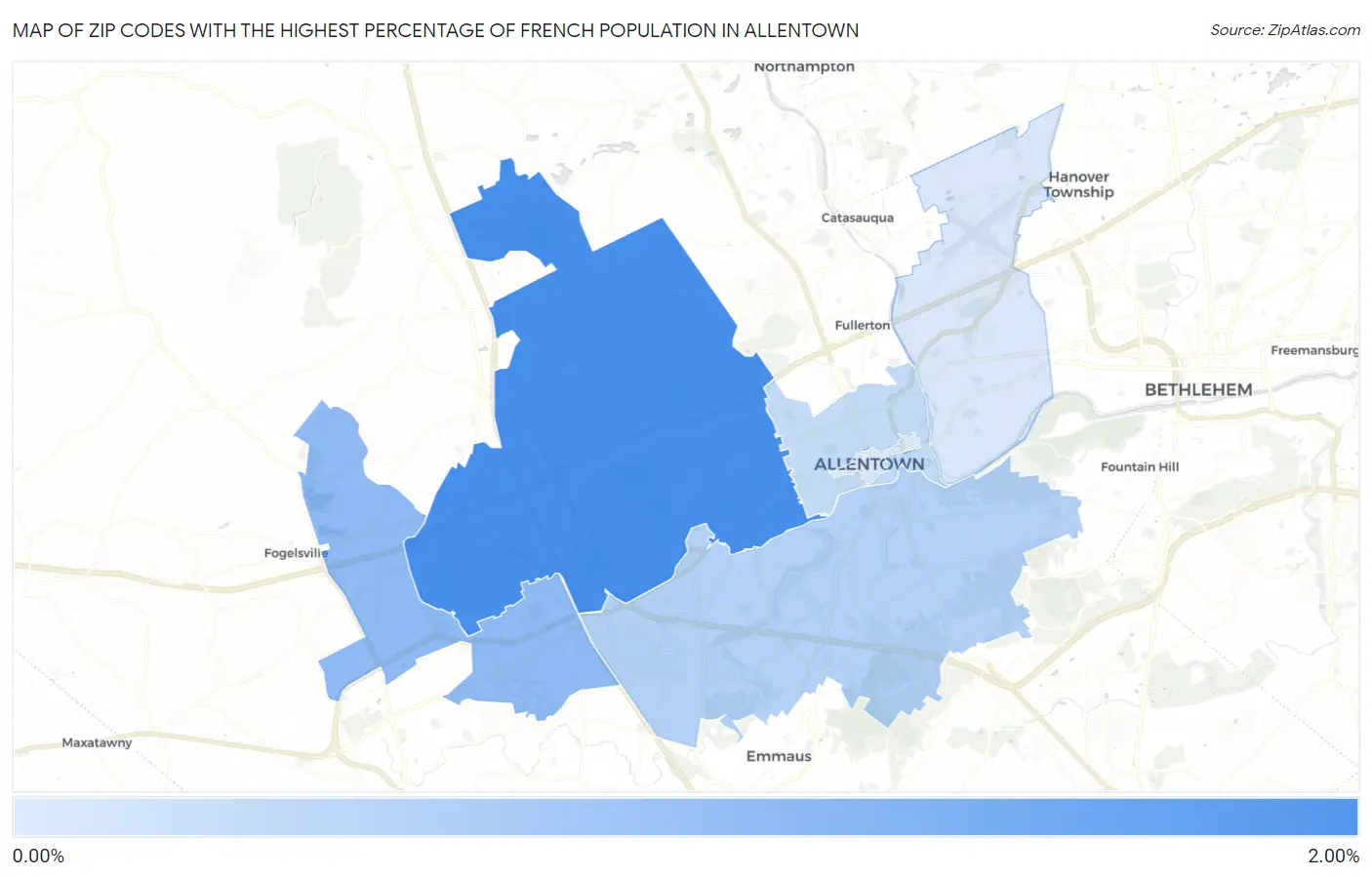 Zip Codes with the Highest Percentage of French Population in Allentown Map