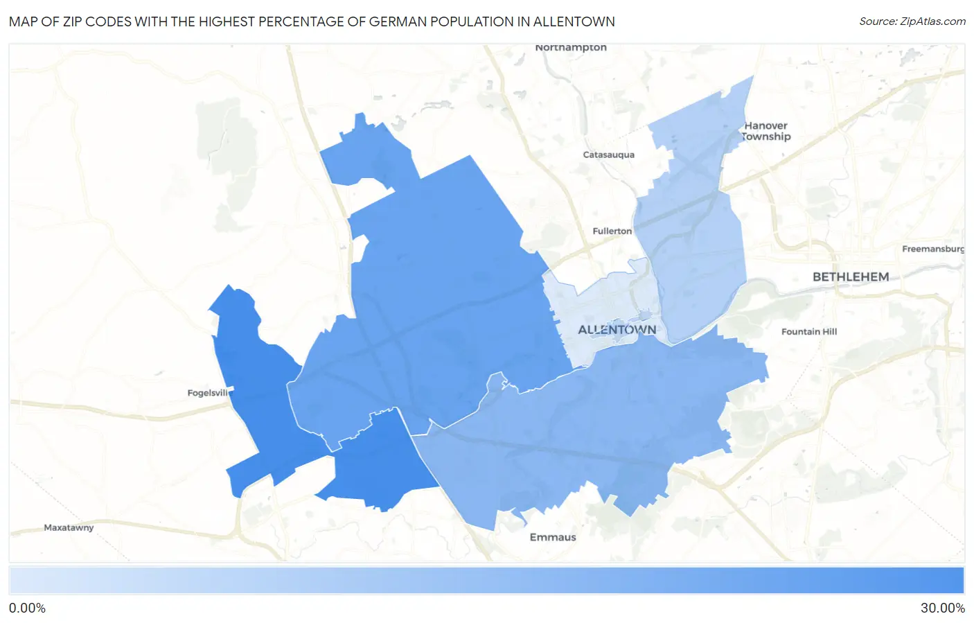 Zip Codes with the Highest Percentage of German Population in Allentown Map