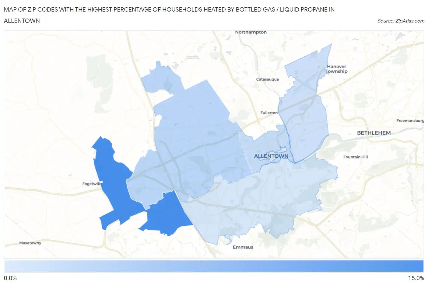 Zip Codes with the Highest Percentage of Households Heated by Bottled Gas / Liquid Propane in Allentown Map