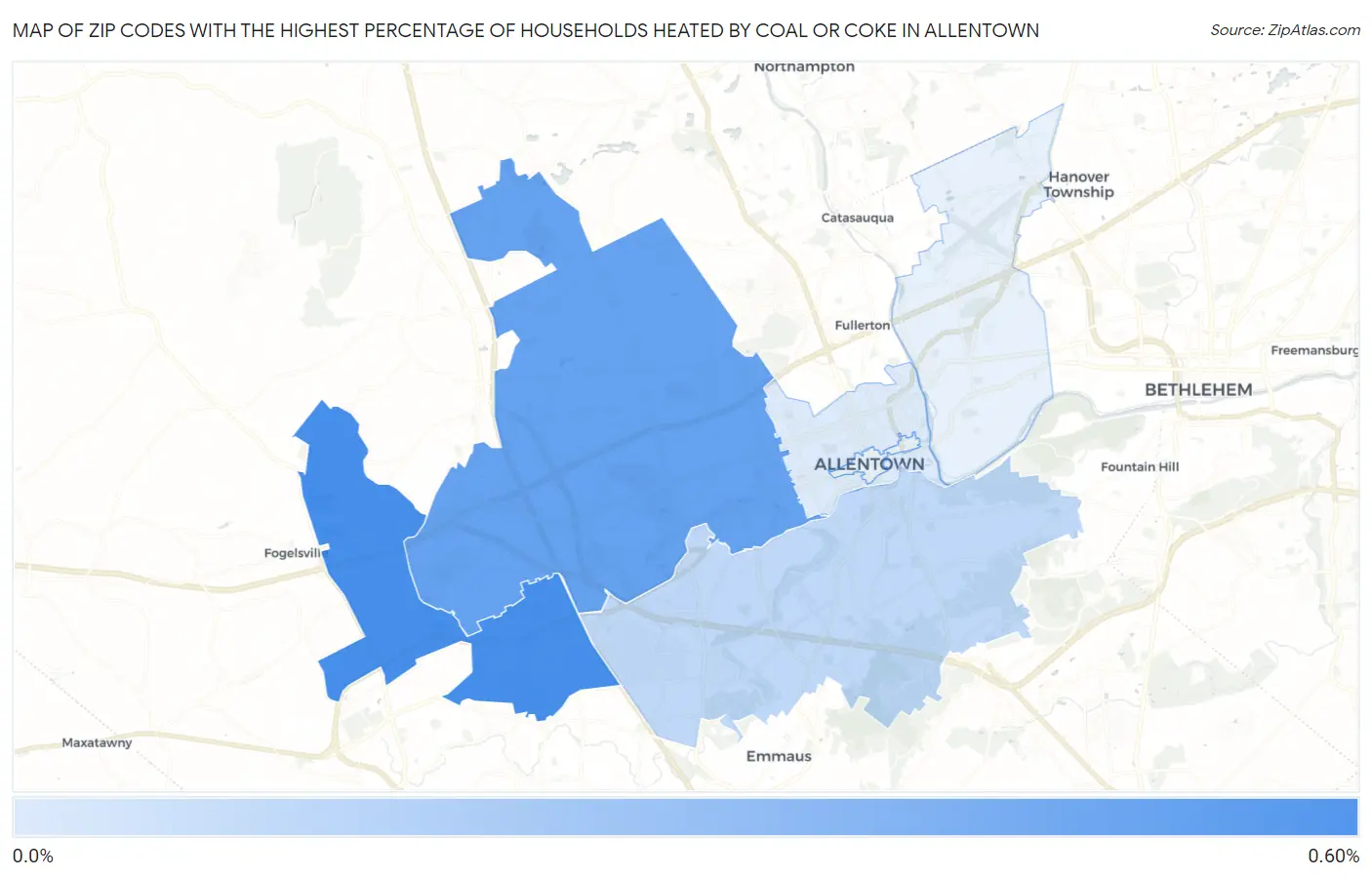 Zip Codes with the Highest Percentage of Households Heated by Coal or Coke in Allentown Map