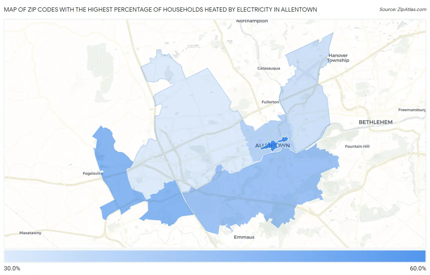 Zip Codes with the Highest Percentage of Households Heated by Electricity in Allentown Map