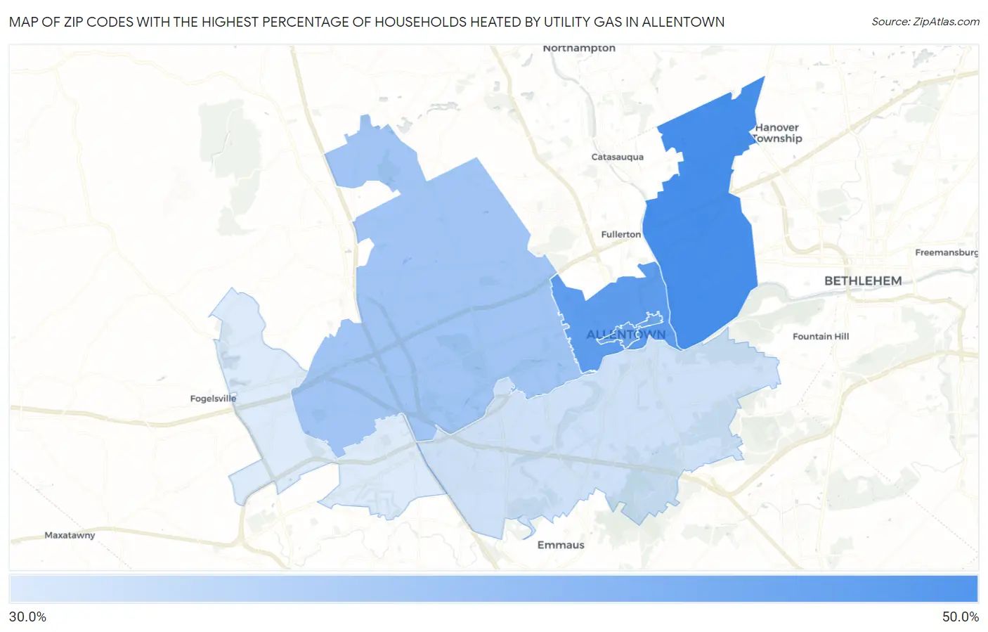 Zip Codes with the Highest Percentage of Households Heated by Utility Gas in Allentown Map