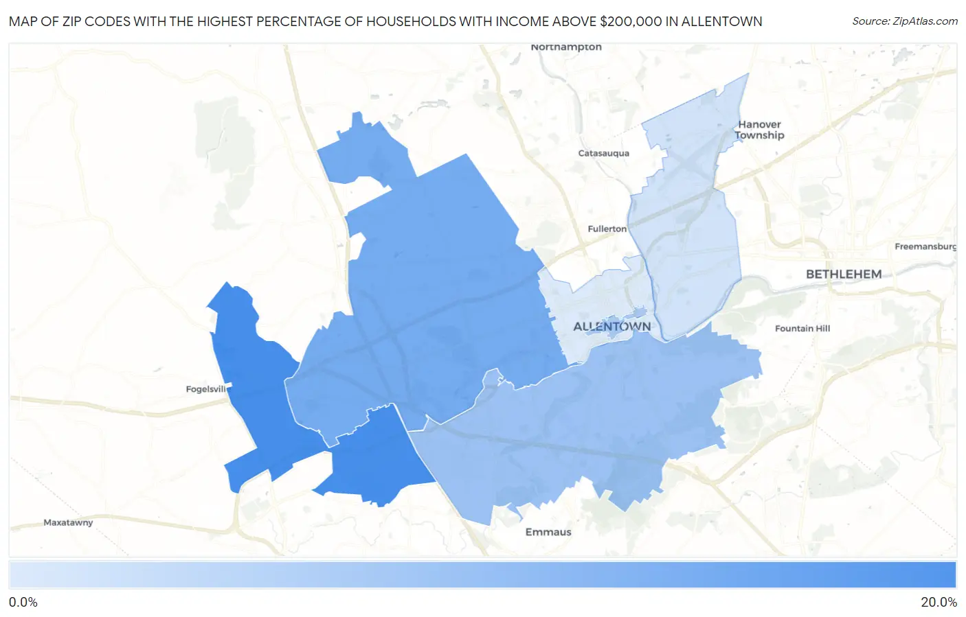 Zip Codes with the Highest Percentage of Households with Income Above $200,000 in Allentown Map