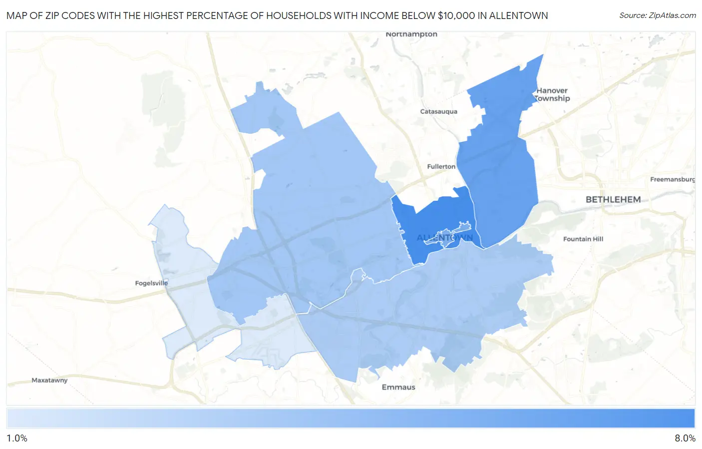 Zip Codes with the Highest Percentage of Households with Income Below $10,000 in Allentown Map