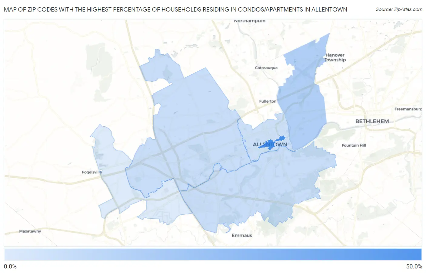 Zip Codes with the Highest Percentage of Households Residing in Condos/Apartments in Allentown Map