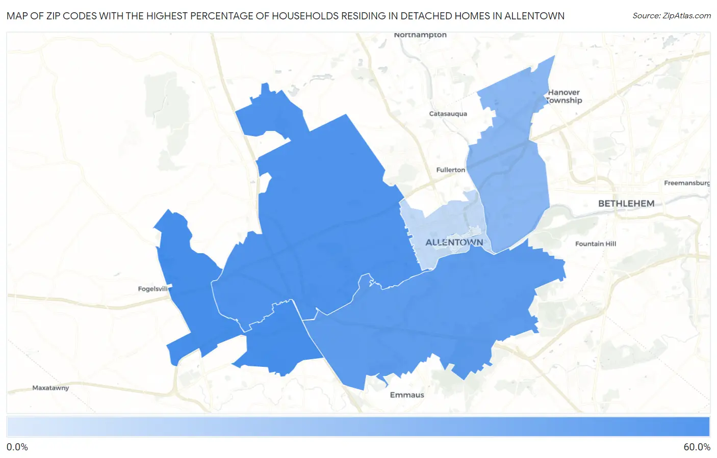 Zip Codes with the Highest Percentage of Households Residing in Detached Homes in Allentown Map