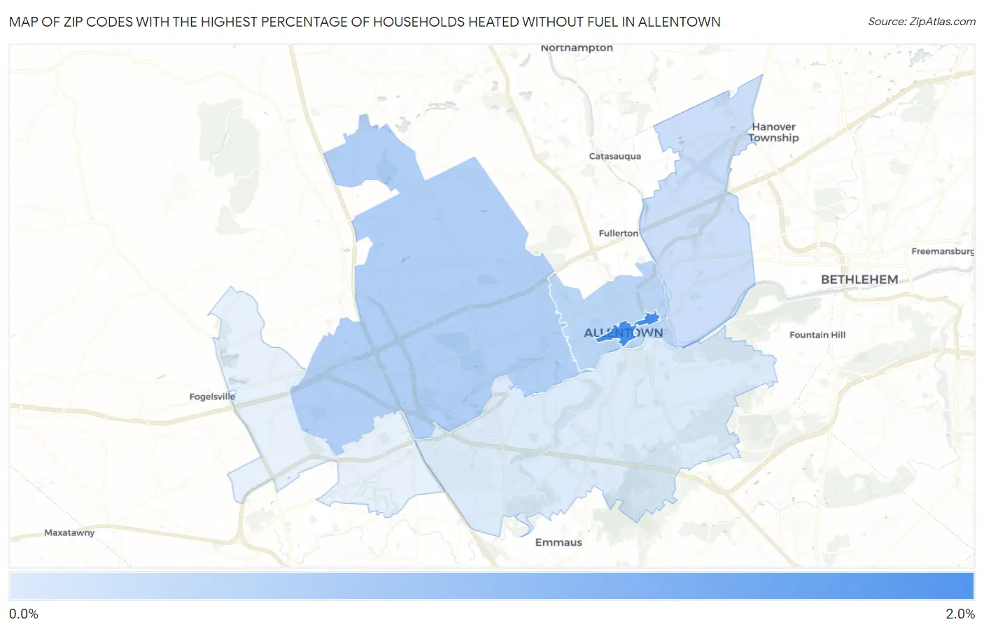 Zip Codes with the Highest Percentage of Households Heated without Fuel in Allentown Map