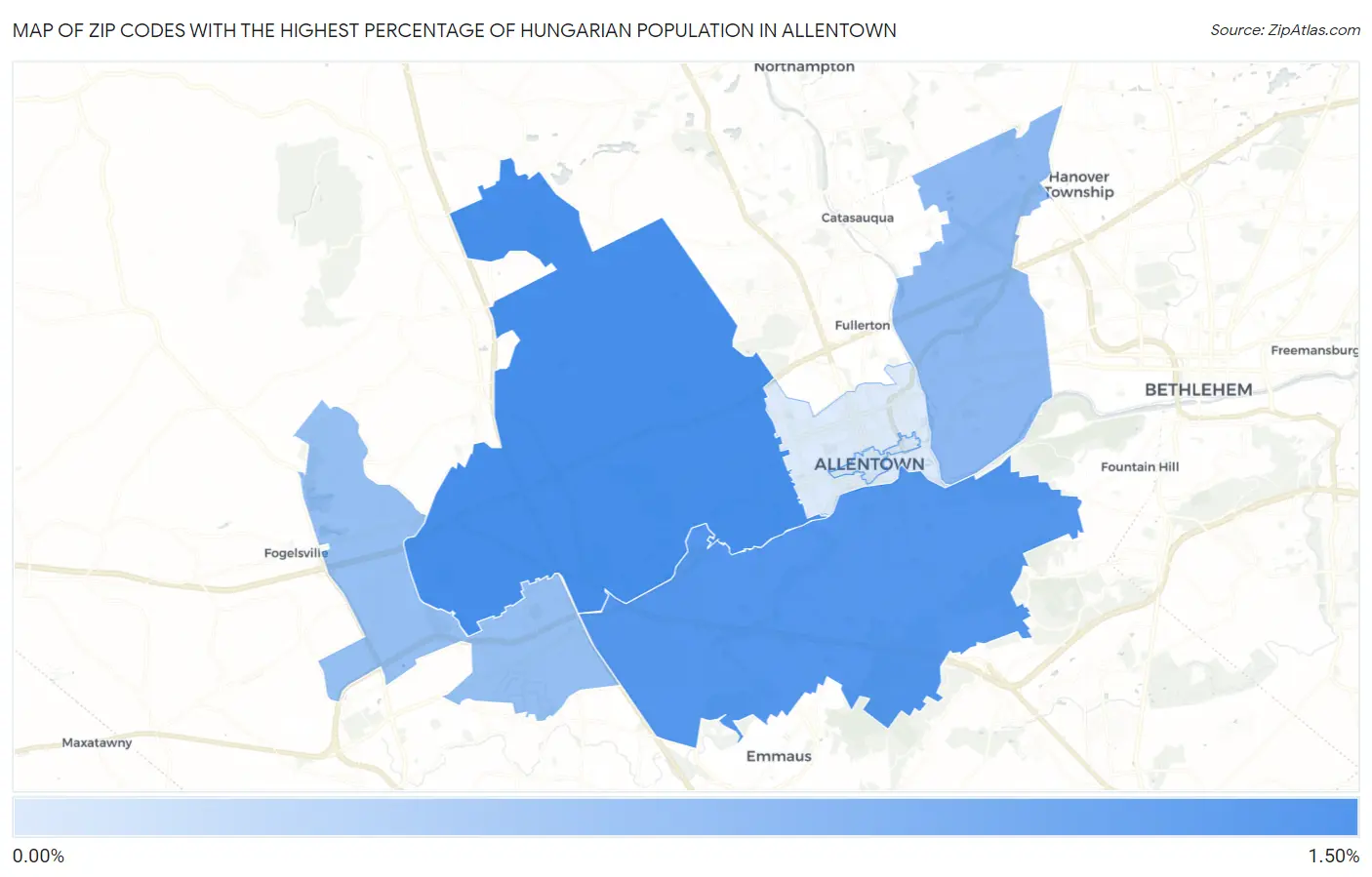 Zip Codes with the Highest Percentage of Hungarian Population in Allentown Map