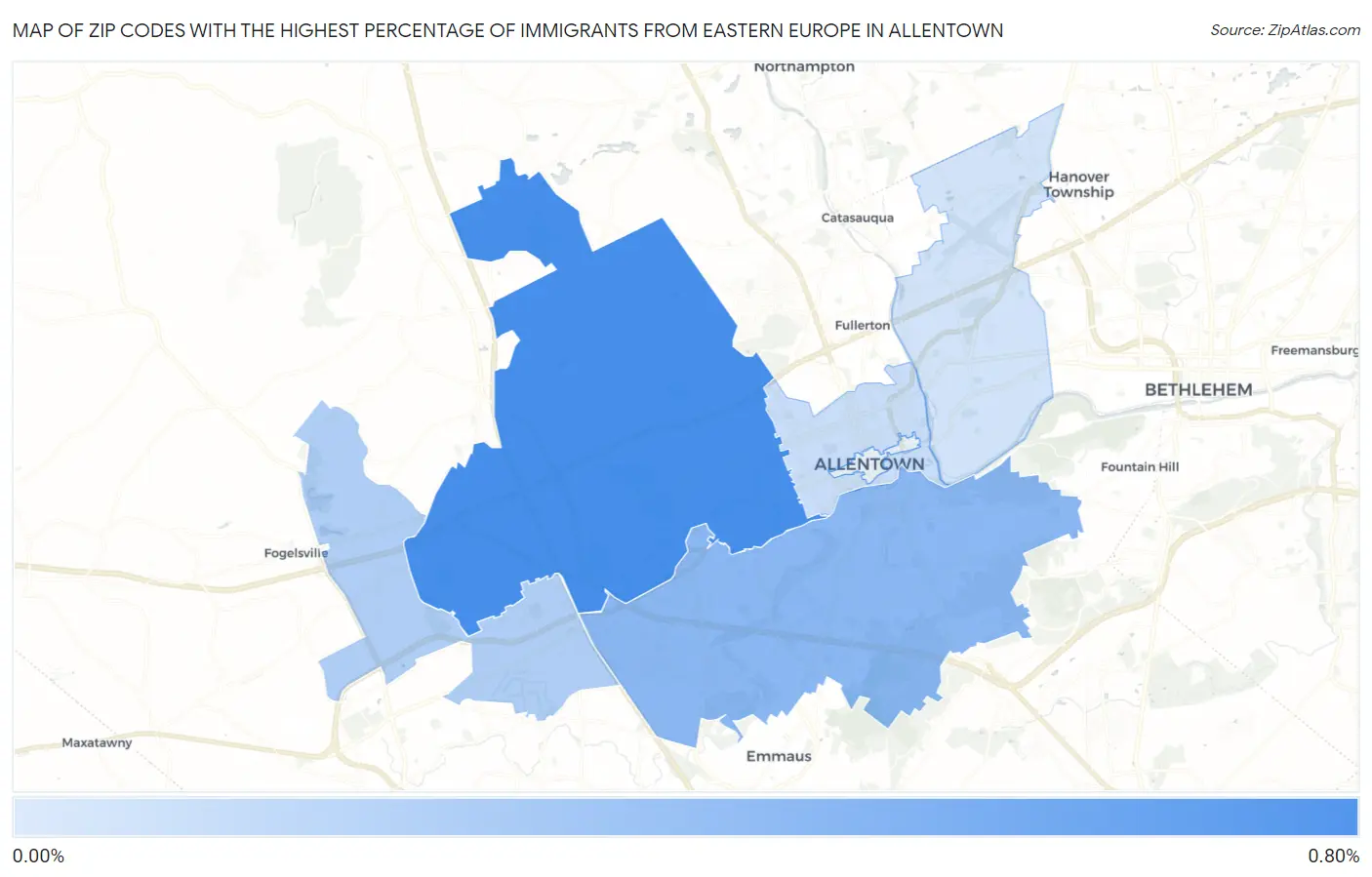 Zip Codes with the Highest Percentage of Immigrants from Eastern Europe in Allentown Map