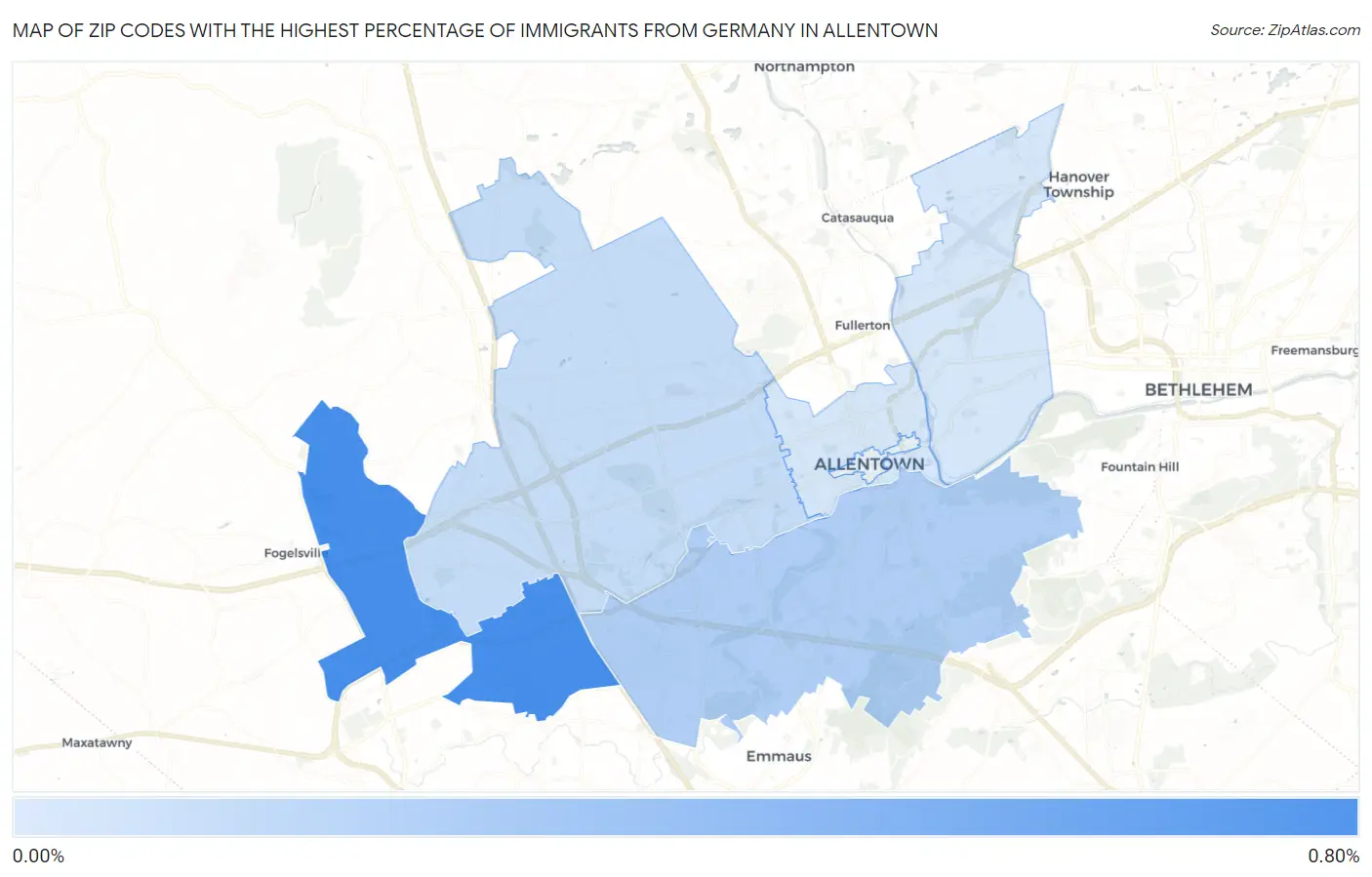 Zip Codes with the Highest Percentage of Immigrants from Germany in Allentown Map