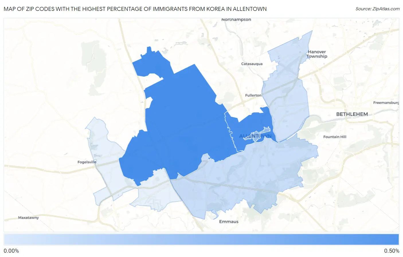 Zip Codes with the Highest Percentage of Immigrants from Korea in Allentown Map