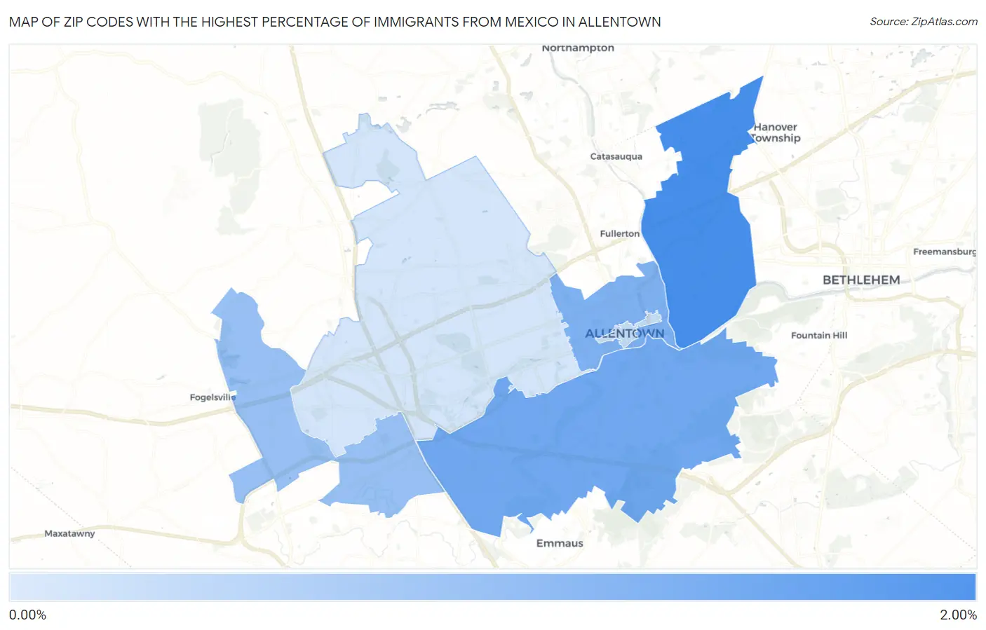 Zip Codes with the Highest Percentage of Immigrants from Mexico in Allentown Map