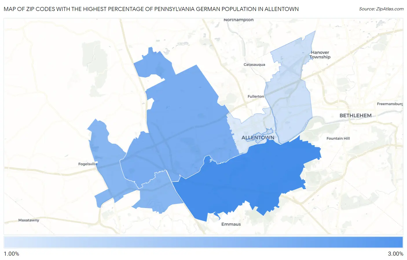 Zip Codes with the Highest Percentage of Pennsylvania German Population in Allentown Map