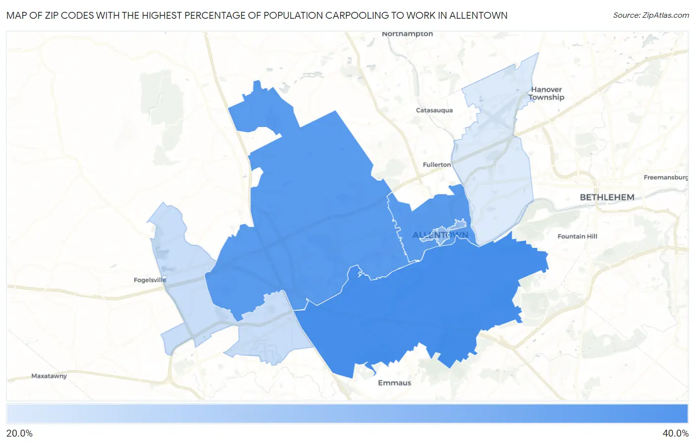 Zip Codes with the Highest Percentage of Population Carpooling to Work in Allentown Map