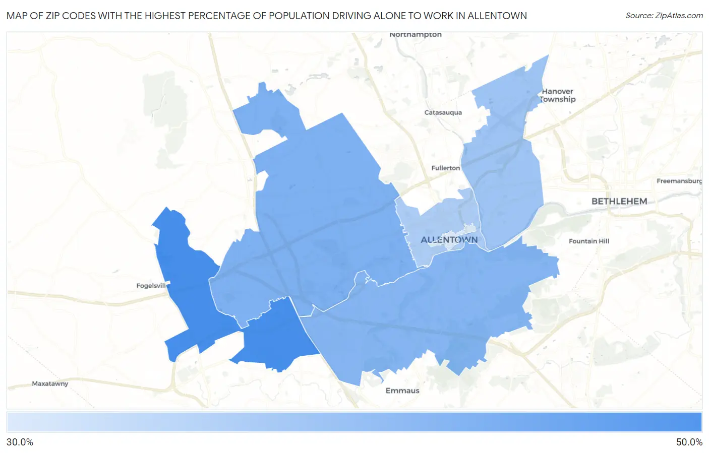 Zip Codes with the Highest Percentage of Population Driving Alone to Work in Allentown Map