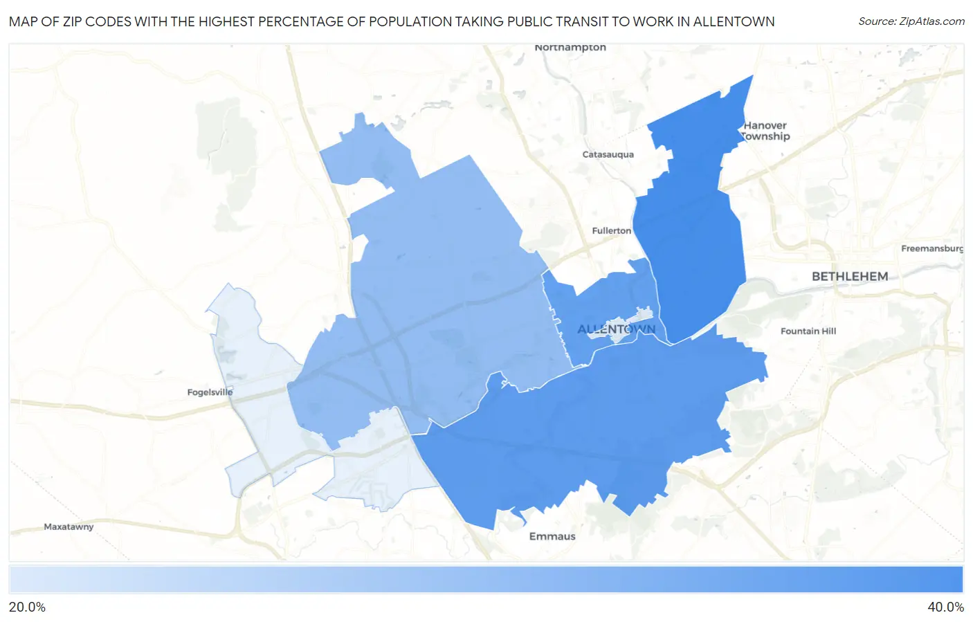 Zip Codes with the Highest Percentage of Population Taking Public Transit to Work in Allentown Map