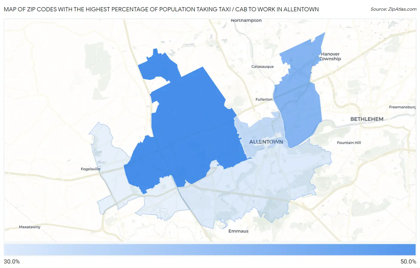 Zip Codes with the Highest Percentage of Population Taking Taxi / Cab to Work in Allentown Map