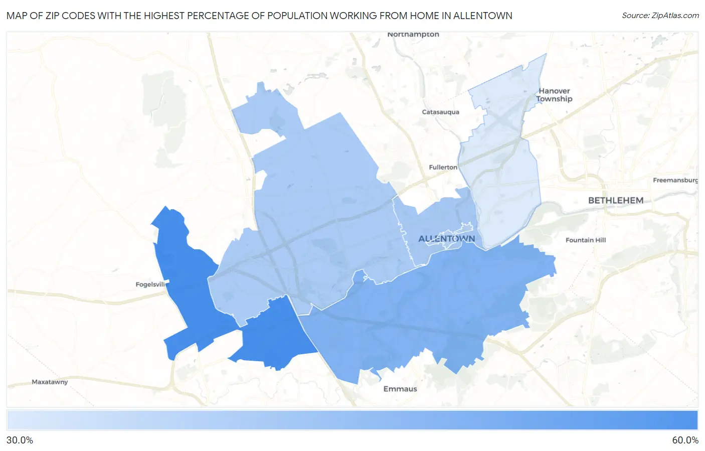 Zip Codes with the Highest Percentage of Population Working from Home in Allentown Map