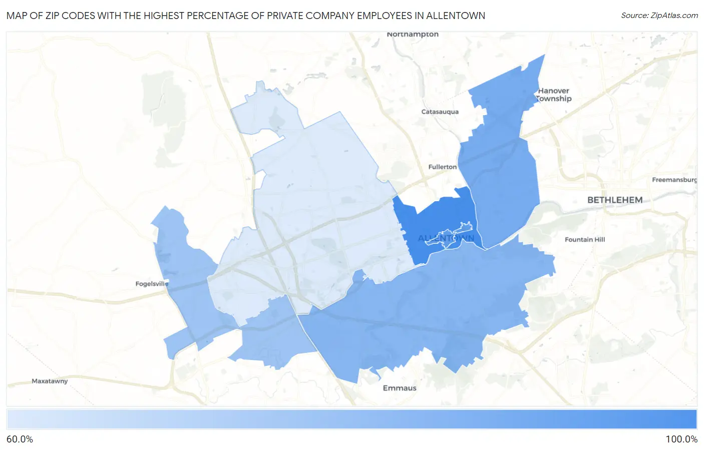 Zip Codes with the Highest Percentage of Private Company Employees in Allentown Map