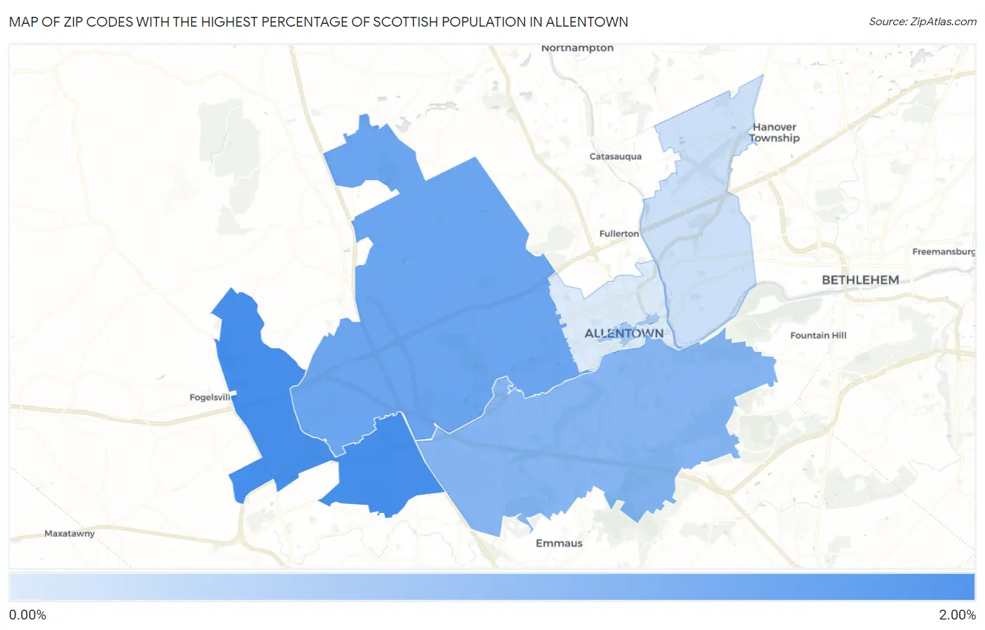 Zip Codes with the Highest Percentage of Scottish Population in Allentown Map