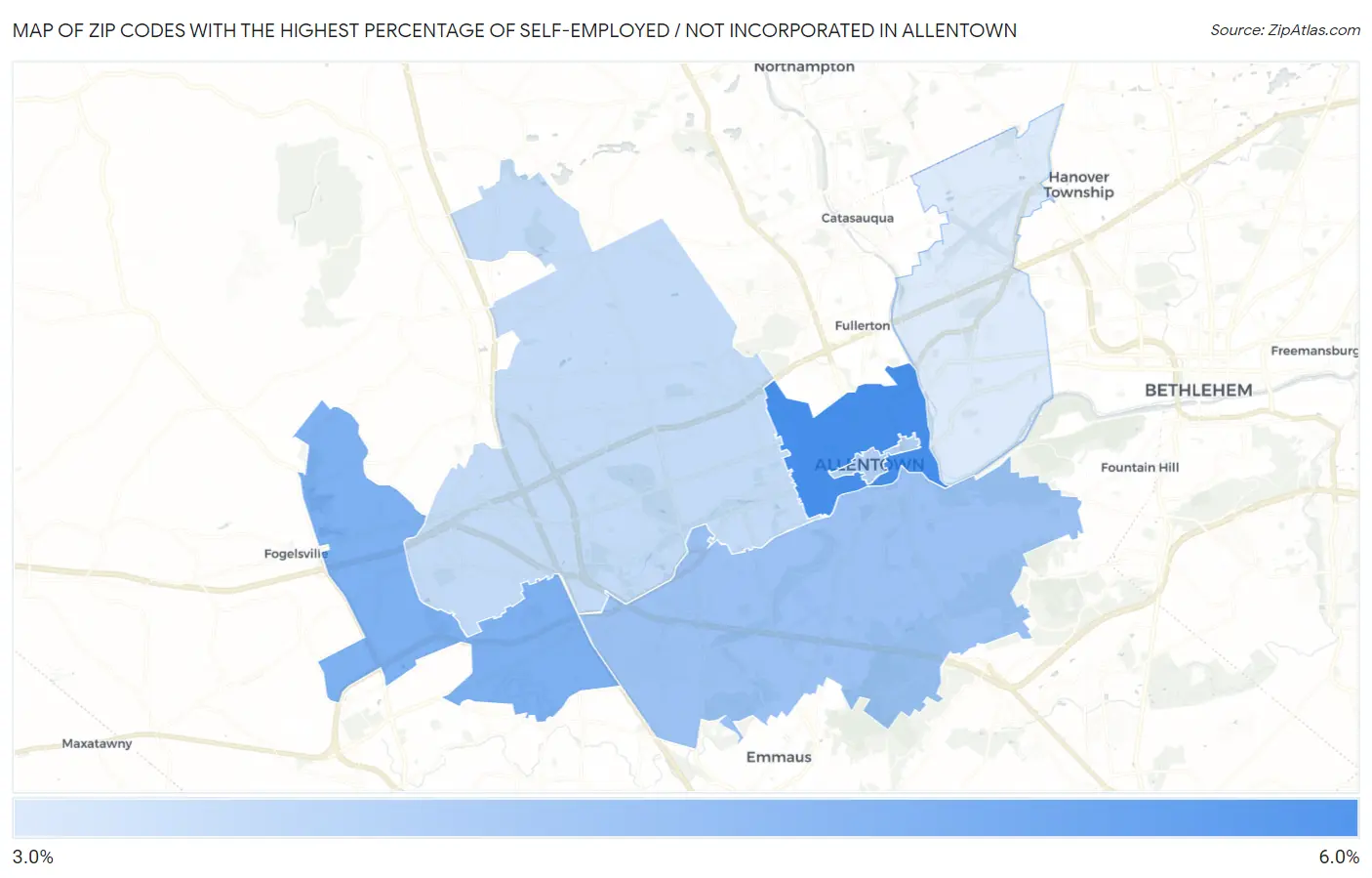 Zip Codes with the Highest Percentage of Self-Employed / Not Incorporated in Allentown Map