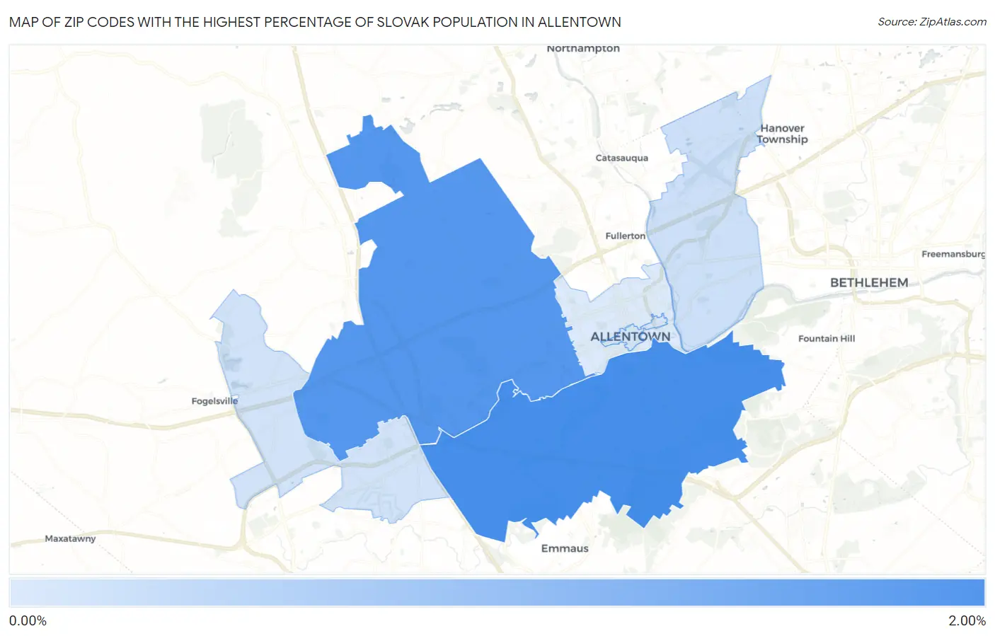 Zip Codes with the Highest Percentage of Slovak Population in Allentown Map