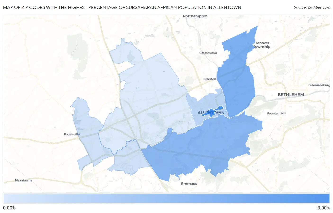 Zip Codes with the Highest Percentage of Subsaharan African Population in Allentown Map