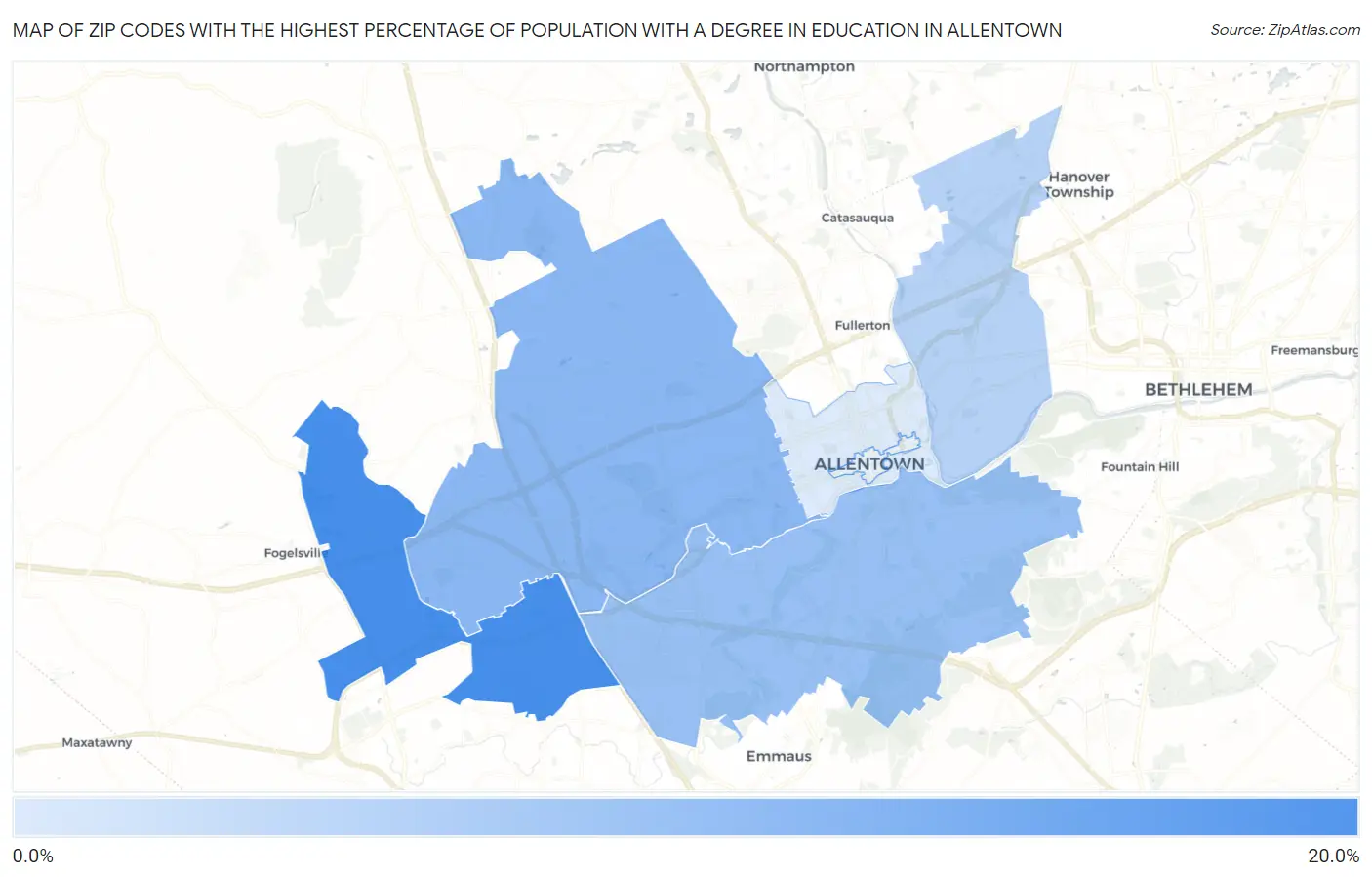 Zip Codes with the Highest Percentage of Population with a Degree in Education in Allentown Map