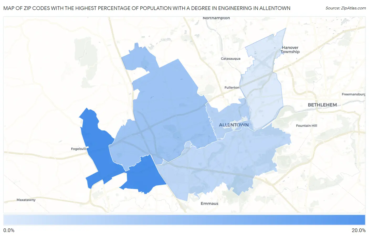 Zip Codes with the Highest Percentage of Population with a Degree in Engineering in Allentown Map