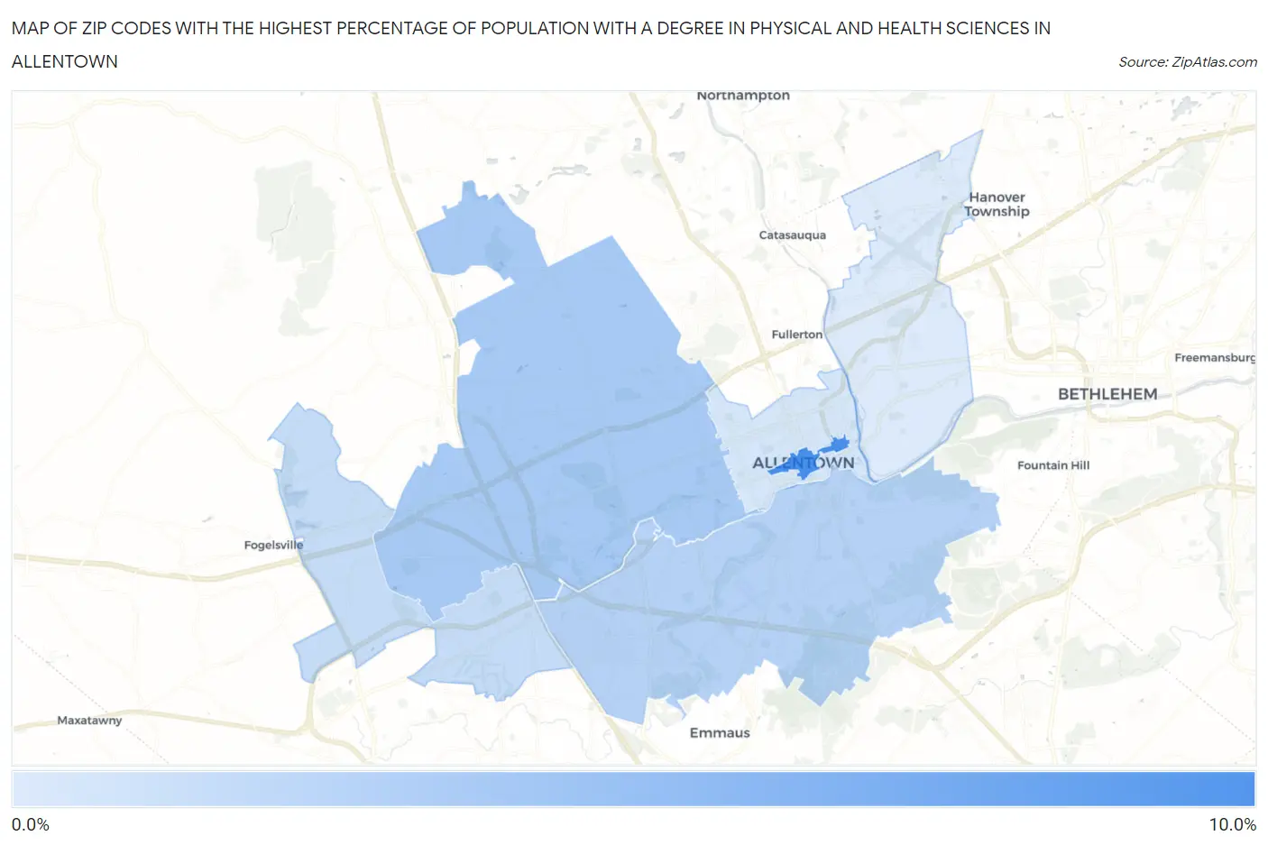 Zip Codes with the Highest Percentage of Population with a Degree in Physical and Health Sciences in Allentown Map