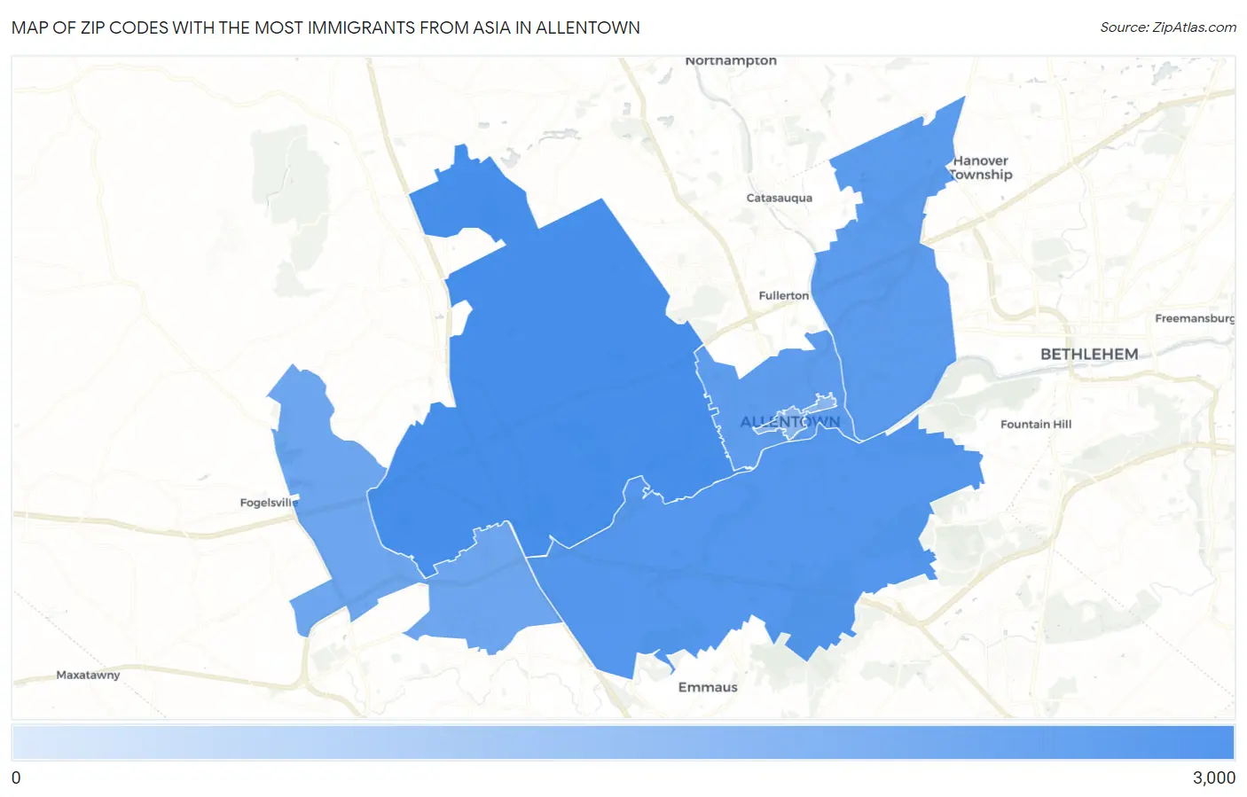 Zip Codes with the Most Immigrants from Asia in Allentown Map