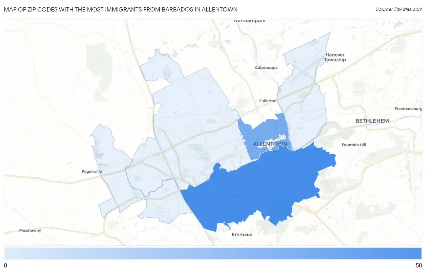 Zip Codes with the Most Immigrants from Barbados in Allentown Map