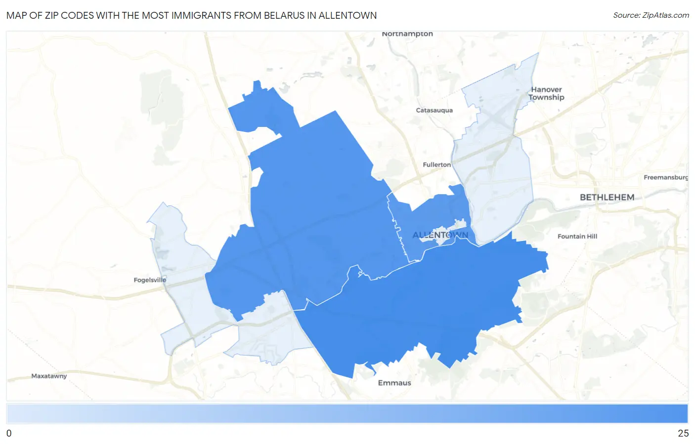 Zip Codes with the Most Immigrants from Belarus in Allentown Map