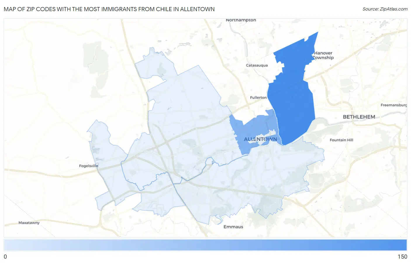Zip Codes with the Most Immigrants from Chile in Allentown Map