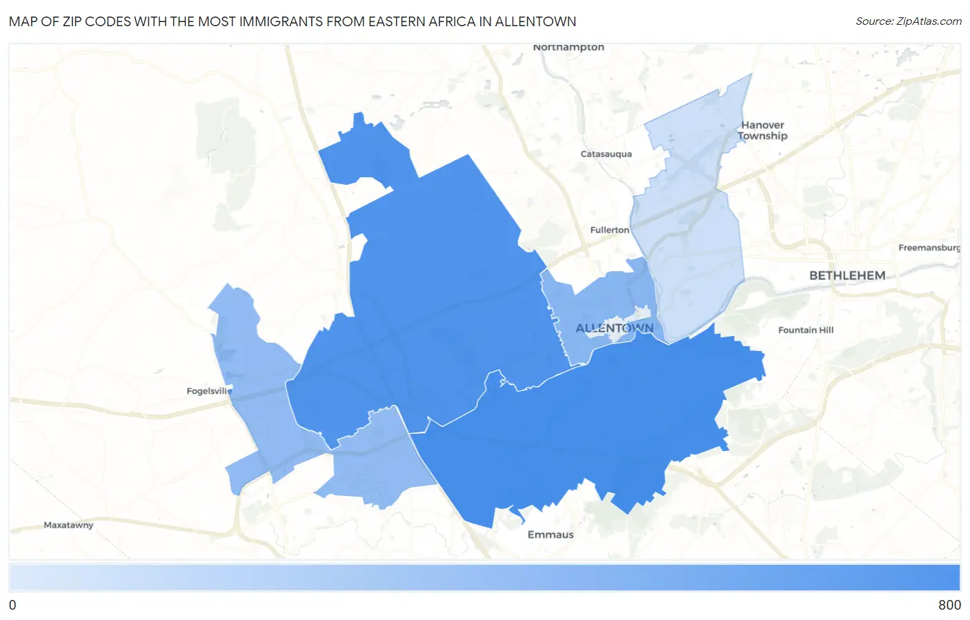Zip Codes with the Most Immigrants from Eastern Africa in Allentown Map