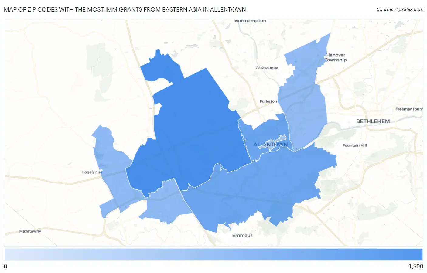 Zip Codes with the Most Immigrants from Eastern Asia in Allentown Map
