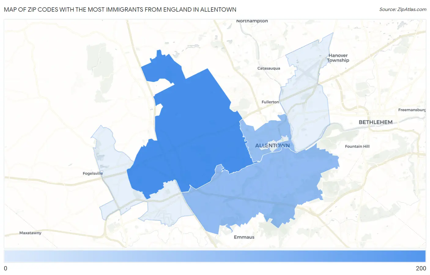 Zip Codes with the Most Immigrants from England in Allentown Map